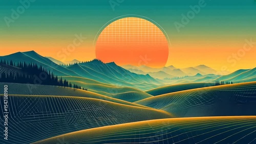 Vibrant sunset over rolling hills with a grid pattern, creating a serene and artistic landscape
