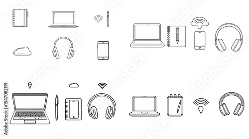 Minimalist digital work tools icon set in line art style. Includes laptop, tablet, smartphone, notebook, pen, cloud, Wi-Fi, and headphones for remote work or study themes.