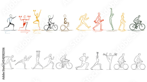 Minimalist line art illustrations of people exercising, running, cycling, and stretching. Ideal for fitness, health, wellness, and sports design and content projects.