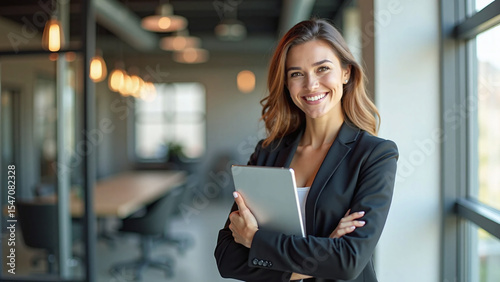 Confident businesswoman standing with tablet in modern office space.