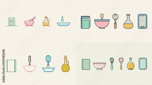 Minimalist kitchen icon set featuring bowls, jars, utensils, spice containers, and cooking tools. Ideal for recipes, food blogs, or culinary-themed designs.