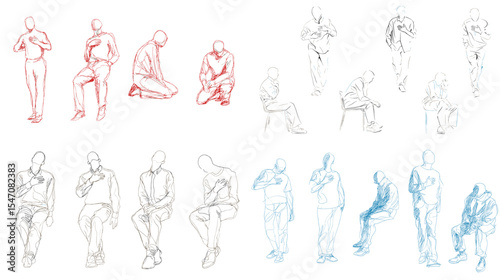 Sketch illustration of human figure drawing in various sitting, standing, and kneeling poses. Ideal for anatomy study, gesture drawing, and art reference materials.