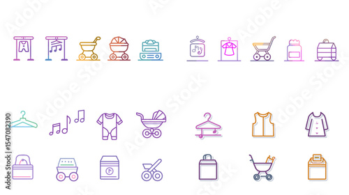 Gradient line icons of baby essentials including stroller, bottle, clothes, toys, and accessories, perfect for parenting, childcare, baby shop, and maternity designs.