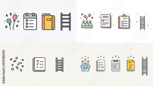 Colorful flat icons of planning tools including checklist, team, balloon, ladder, folder, and clipboard, ideal for productivity, business, teamwork, and goal achievement concepts.
