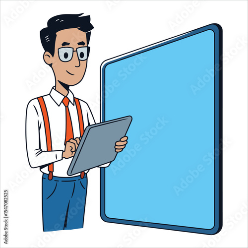 Professional businessman in strict suit posing beside banner in vector style. Ideal for formal business events, leadership materials, and promotional visuals.