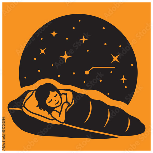 Young person sleeping soundly under a starry night sky in a stylized illustration.