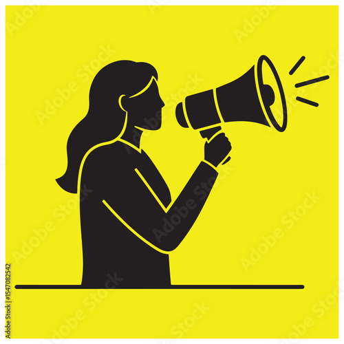Woman speaking into a megaphone silhouette illustration on a vibrant yellow background
