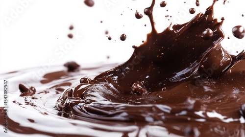 dynamic chocolate liquid splashing waves, high speed capture, rich dark brown fluid motion, glossy droplets suspended mid-air, smooth rippling surface, clean white backdrop, dramatic food