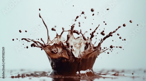 premium chocolate splash choreography, flowing liquid waves, rich brown fluid physics, elegant droplet constellation, smooth rippling motion, clean white environment, commercial food art, frozen