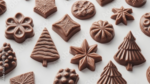 luxury chocolate holiday series, linear tree drawings, filled cocoa shapes, modern christmas designs, star-topped decorations, pristine white surface, commercial food art, elegant confectionery