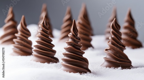 premium melted chocolate trees, festive winter silhouettes, artistic holiday motifs, swirled linear patterns, geometric tree shapes, clean studio backdrop, professional food styling, seasonal dessert