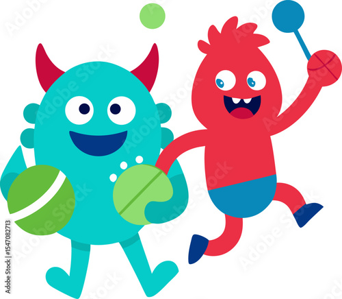 Friendly monster characters playing sports, bright vector design with white background.