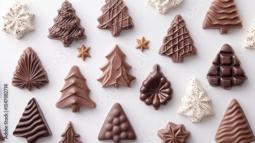 luxury chocolate holiday series, linear tree drawings, filled cocoa shapes, modern christmas designs, star-topped decorations, pristine white surface, commercial food art, elegant confectionery