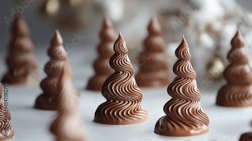 premium melted chocolate trees, festive winter silhouettes, artistic holiday motifs, swirled linear patterns, geometric tree shapes, clean studio backdrop, professional food styling, seasonal dessert