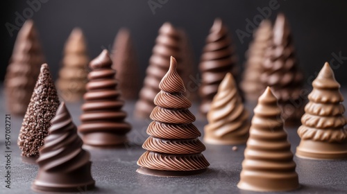 premium melted chocolate trees, festive winter silhouettes, artistic holiday motifs, swirled linear patterns, geometric tree shapes, clean studio backdrop, professional food styling, seasonal dessert