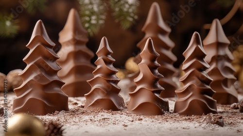 premium melted chocolate trees, festive winter silhouettes, artistic holiday motifs, swirled linear patterns, geometric tree shapes, clean studio backdrop, professional food styling, seasonal dessert