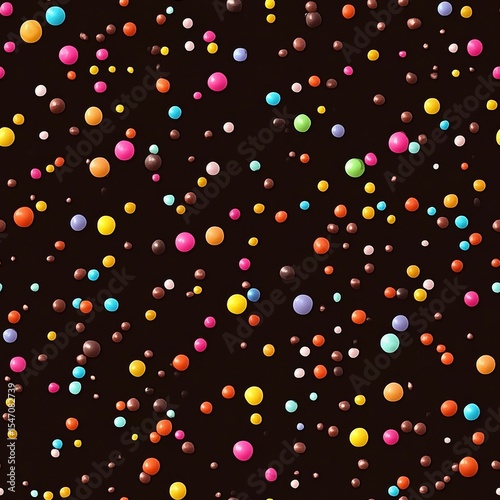 vibrant candy sprinkles falling pattern, rich chocolate brown background, multicolored sugar dots scattered, dynamic confetti effect, floating decorative elements, festive dessert texture, playful