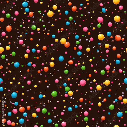 vibrant candy sprinkles falling pattern, rich chocolate brown background, multicolored sugar dots scattered, dynamic confetti effect, floating decorative elements, festive dessert texture, playful