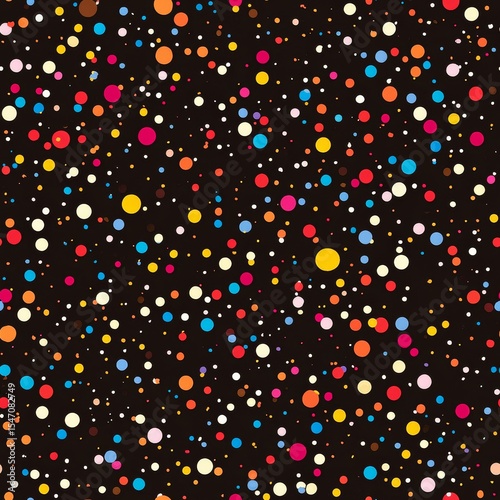 rainbow sprinkle constellation, luxurious chocolate background, floating multicolored dots, playful dessert particles, dynamic sugar decoration, artistic food composition, scattered tiny spheres,