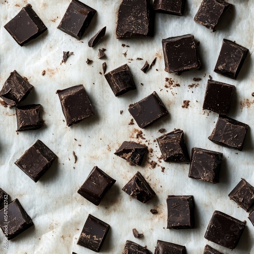 dark chocolate squares arranged flatlay, fudgy rich brown dessert pieces, scattered crumbs, crackled crusty top surface, moist cake texture, white parchment paper background, macro food photography,