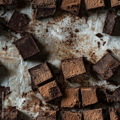 dark chocolate squares arranged flatlay, fudgy rich brown dessert pieces, scattered crumbs, crackled crusty top surface, moist cake texture, white parchment paper background, macro food photography,