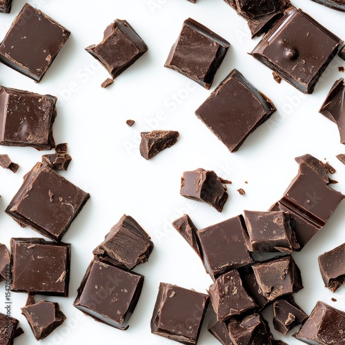 artisanal baked chocolate squares composition, deep cocoa colored dessert blocks, shiny crackled surface texture, soft gooey center visible, scattered chocolate bits, clean white backdrop, overhead