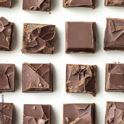 artisanal baked chocolate squares composition, deep cocoa colored dessert blocks, shiny crackled surface texture, soft gooey center visible, scattered chocolate bits, clean white backdrop, overhead