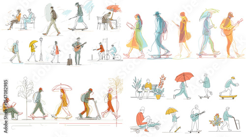 Hand-drawn urban people walking, sitting, and playing music in pastel colors. Ideal for lifestyle, city life, street scene, and modern character illustration projects.