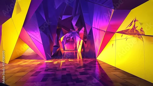 Abstract geometric landscape with vibrant colors and sharp angles, creating a surreal environment