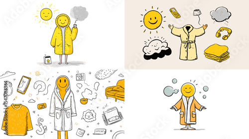 Playful hand-drawn character illustrations featuring a smiley face in cozy robes, surrounded by daily objects. Perfect for wellness, self-care, mood tracking, or lifestyle content.