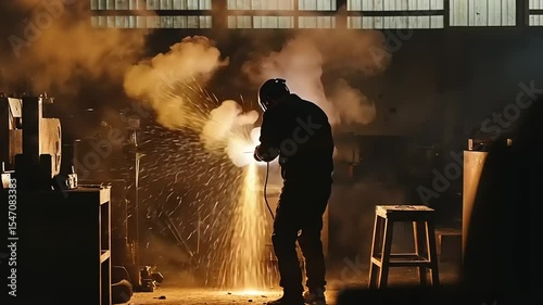 Worker welding in a dimly lit workshop, surrounded by sparks and smoke, showcasing craftsmanship