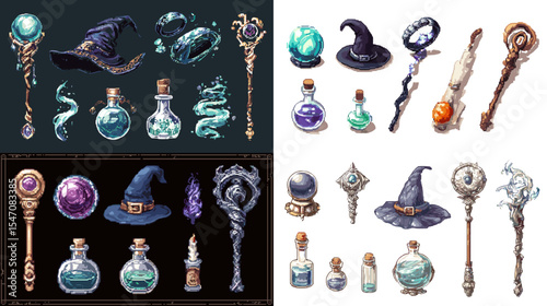Fantasy magic item icon set featuring wizard hats, potions, magic wands, crystals, and scrolls. Perfect for RPG games, spellcasting, fantasy art, and magical user interface designs.