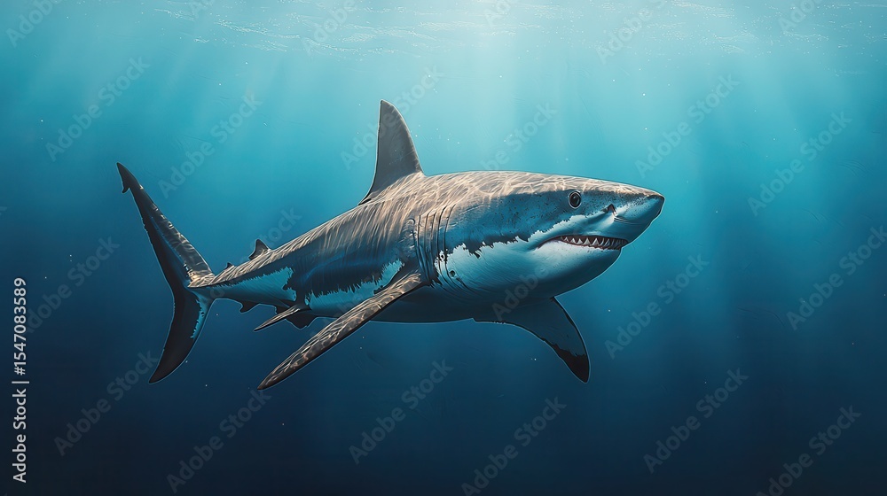 Obraz premium Majestic Great White Shark Swimming Gracefully Through Crystal Clear Ocean Waters in Sunlit Depths
