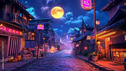 Vibrant night scene of a bustling street in an Asian-inspired town illuminated by neon lights and a full moon