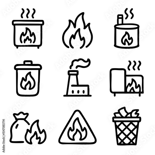 A set of doodle line icons showing waste burning, incinerators, fire, trash disposal, and environmental symbols of combustion and pollution