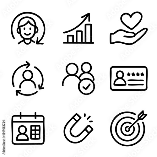 A set of doodle line icons representing customer retention, user engagement, satisfaction, loyalty programs, and marketing growth strategies