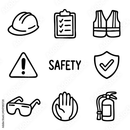 A set of doodle line icons showing safety gear, warning signs, protective equipment, fire extinguisher, and workplace hazard prevention tools