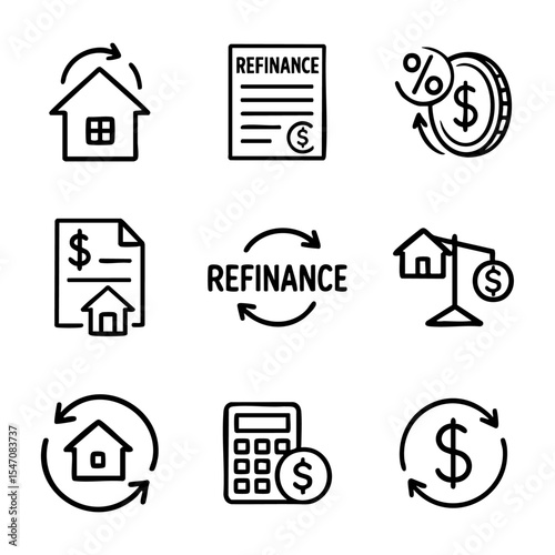 A set of doodle line icons showing refinance, home loans, interest rates, financial documents, and money management in real estate
