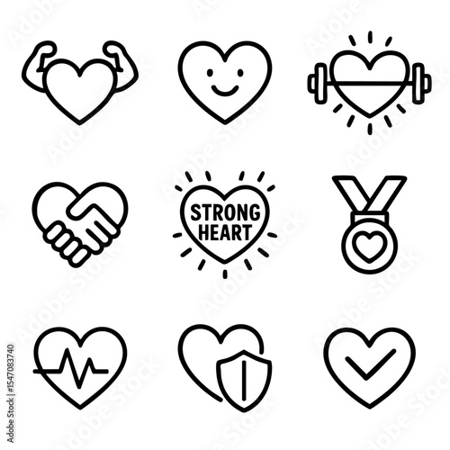 A set of doodle line icons representing strong heart health, fitness, protection, love, heartbeat, and medical wellness concepts