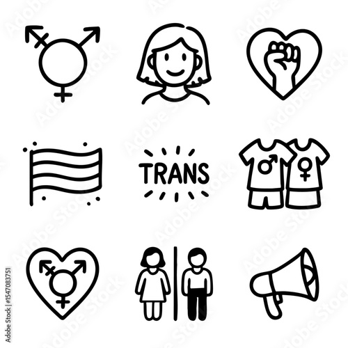 A set of doodle line icons representing transgender identity, pride, gender symbols, inclusivity, equality, awareness, and LGBTQ+ support
