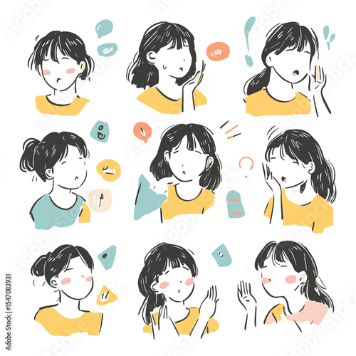 Set of nine hand-drawn cute girl character portraits with different emotions.
