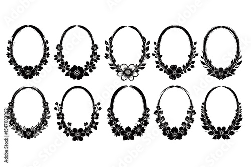 Floral Frames Set Black and White Vector Design Elements