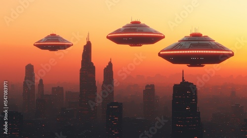 Futuristic Cityscape with Flying Saucers Over Urban Skyline at Sunset in a Science Fiction Theme