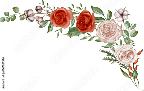 Fototapeta Naklejka Na Ścianę i Meble -  Rustic Watercolor Floral Corner Border: Roses, Cotton, and Evergreens