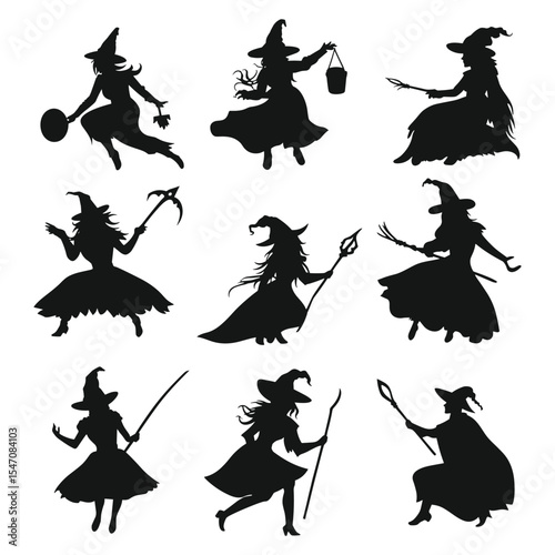 A diverse set of nine witch silhouettes holding various props like scythes, buckets, and wands.