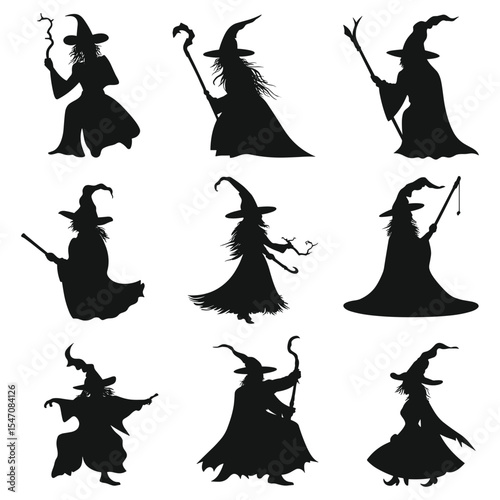 A set of nine powerful fantasy wizard or warlock silhouettes with magical staffs.