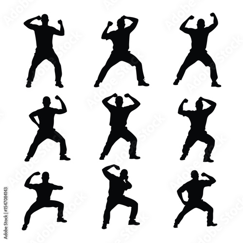A set of nine silhouettes of a man in a powerful flexing or shouting action pose.