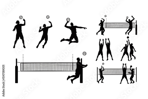 Volleyball Players Silhouettes Set in Action Game Sport Illustration
