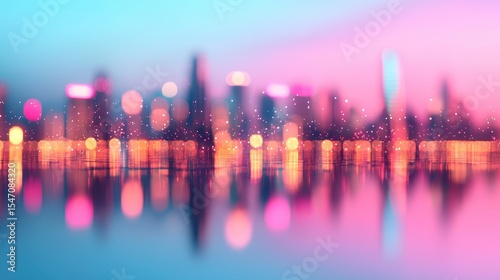 Colorful city skyline with bokeh lights reflecting in water during twilight with dreamy pink and blue hues