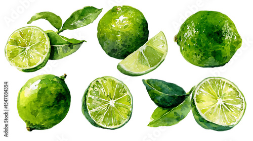 Watercolor Limes with Leaves: Vibrant Green Citrus Fruit Illustration, PNG